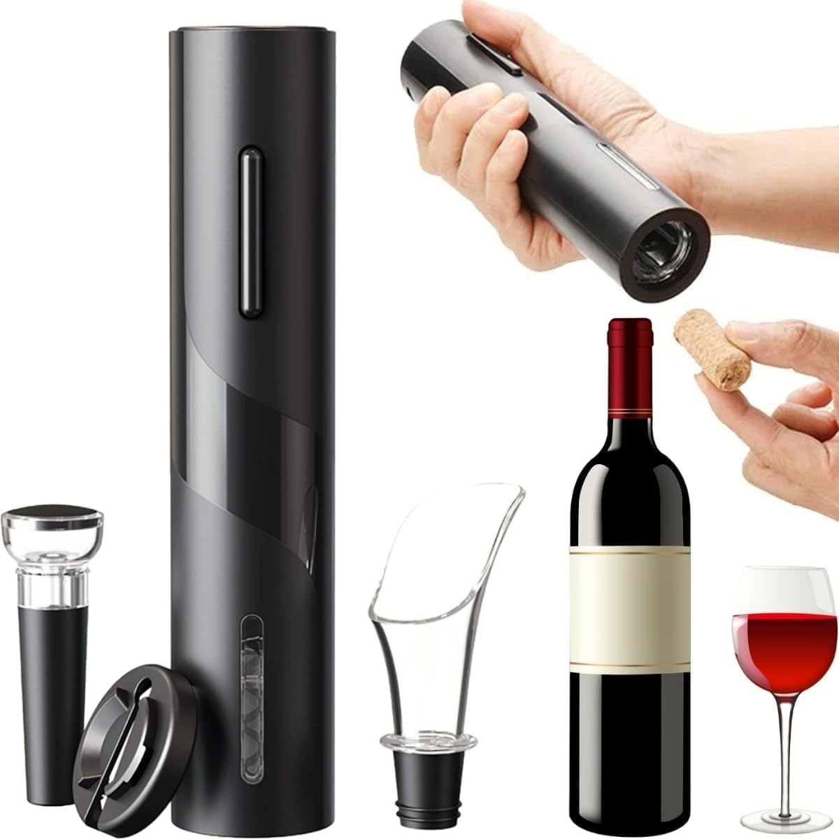 Kit Abridor de Vinho Automático c/ Saca Rolhas, Cortador, Tampa a Vácuo, Bico Corta Gotas